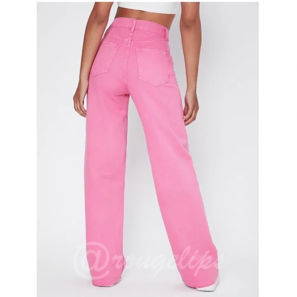 90s Style Pink Wide Leg Jeans High Waist Raw Hem - Picture 2 of 14